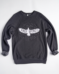 Dark heather gray Free Spirit boho raglan crewneck sweatshirt with white bird graphic