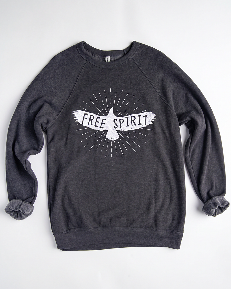 Dark heather gray Free Spirit boho raglan crewneck sweatshirt with white bird graphic