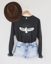 Free Spirit boho sweatshirt styled with denim shorts and brown felt hat