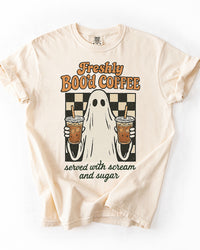 Freshly Boo’d Coffee ivory Halloween ghost graphic tee for coffee lovers