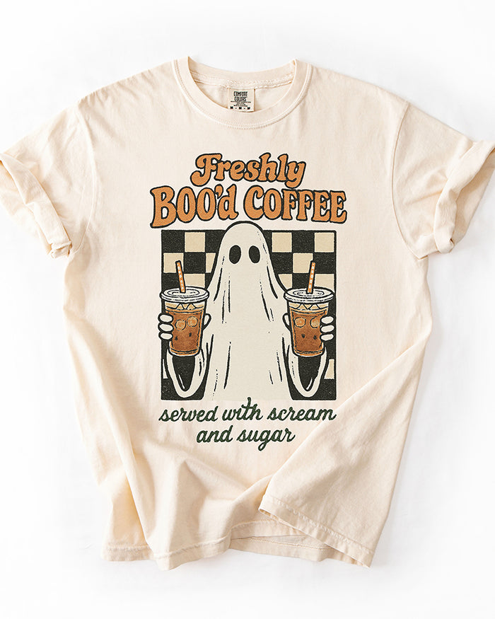 Freshly Boo’d Coffee ivory Halloween ghost graphic tee for coffee lovers