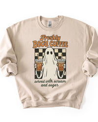 Freshly Boo’d Coffee sand Halloween ghost graphic crewneck sweatshirt
