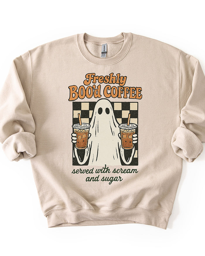 Freshly Boo’d Coffee sand Halloween ghost graphic crewneck sweatshirt