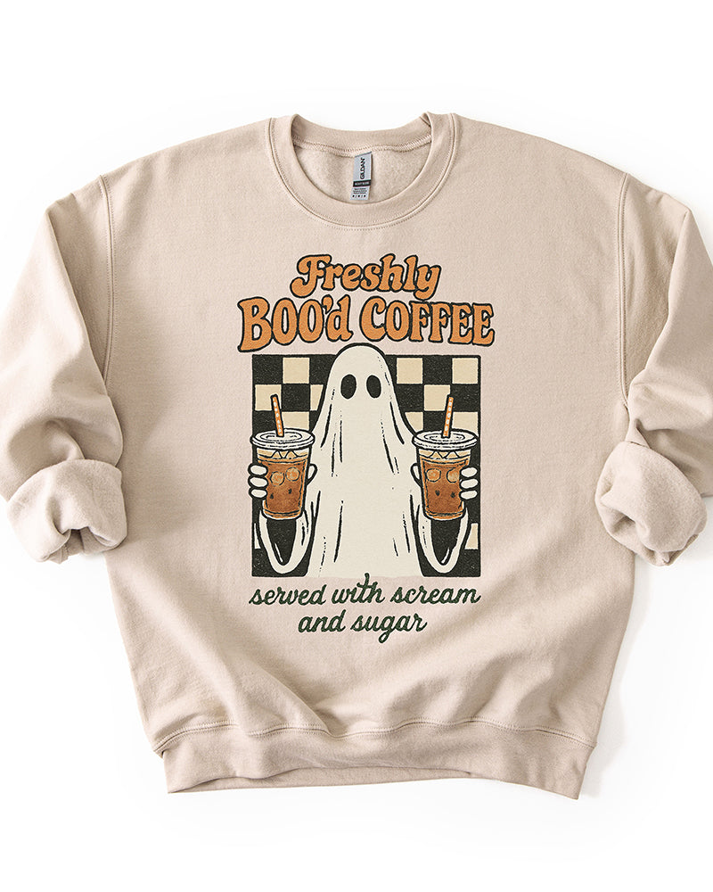 Freshly Boo’d Coffee sand Halloween ghost graphic crewneck sweatshirt