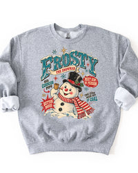 Sport Grey Frosty the Snowman Christmas sweatshirt featuring oversized vintage teal lettering, smiling snowman, red striped scarf, and retro holiday artwork.