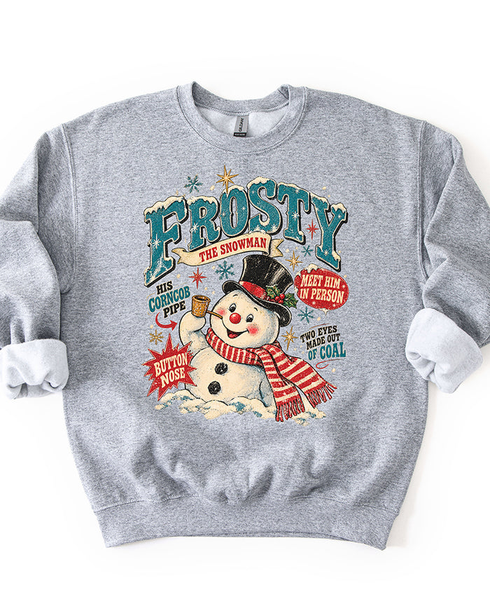 Sport Grey Frosty the Snowman Christmas sweatshirt featuring oversized vintage teal lettering, smiling snowman, red striped scarf, and retro holiday artwork.