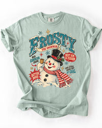 Bay green Comfort Colors heavyweight Christmas T-shirt with large vintage Frosty the Snowman illustration, teal lettering, red scarf, and distressed details.
