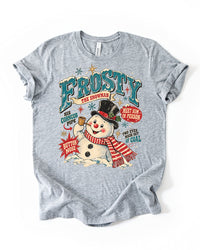Athletic Heather lightweight Christmas graphic T-shirt featuring Frosty the Snowman, teal vintage lettering, red striped scarf, and retro holiday details.
