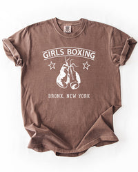 Espresso brown Girls Boxing Bronx New York heavyweight t-shirt with distressed white retro boxing gym graphic.