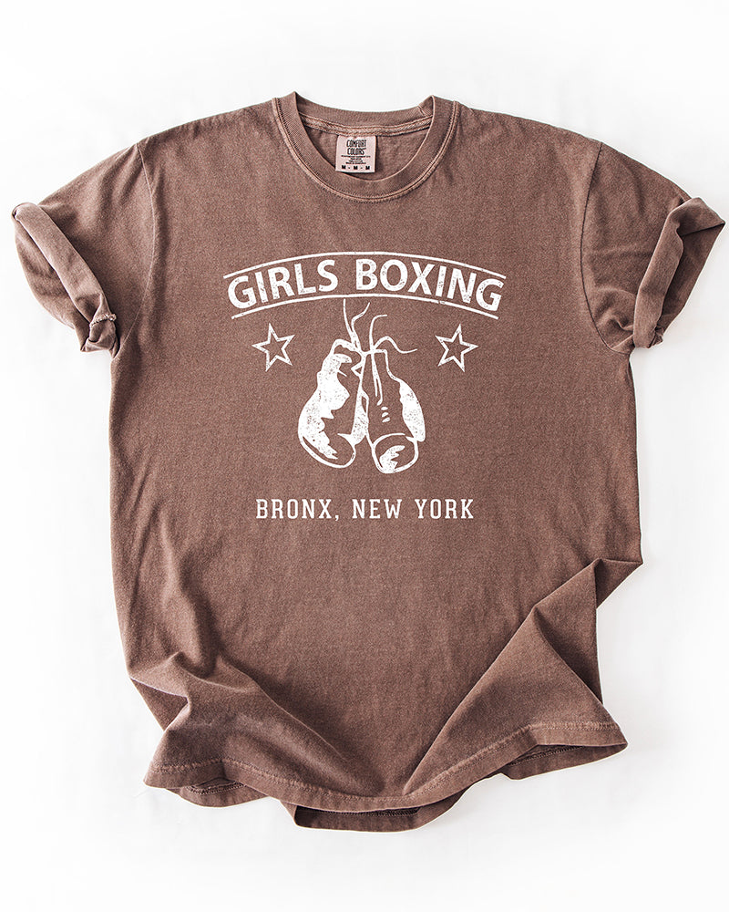 Espresso brown Girls Boxing Bronx New York heavyweight t-shirt with distressed white retro boxing gym graphic.