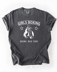 Pepper charcoal gray Comfort Colors heavyweight tee featuring vintage Girls Boxing lettering and white boxing gloves.