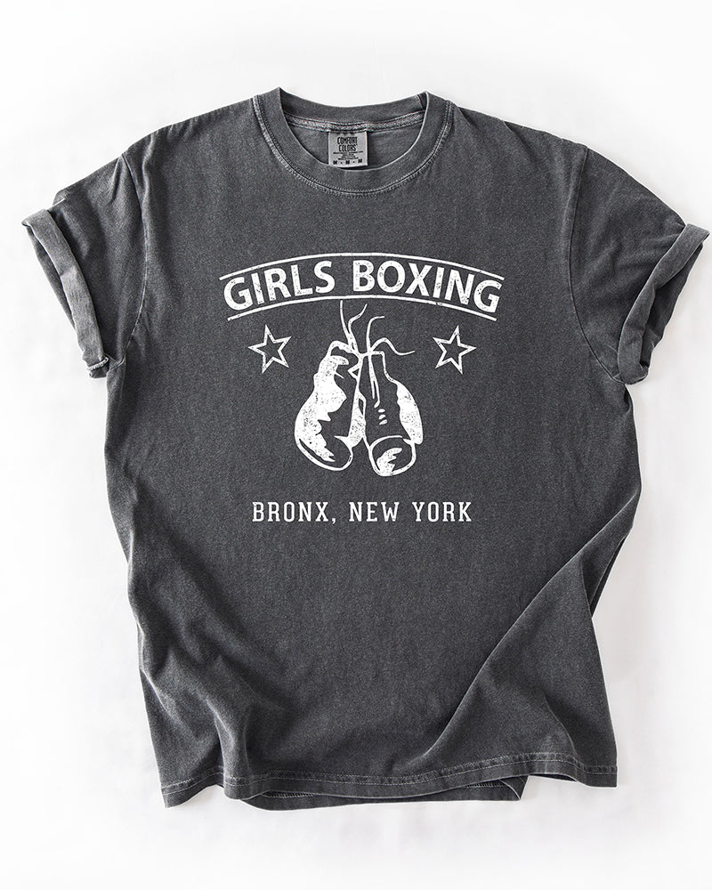 Pepper charcoal gray Comfort Colors heavyweight tee featuring vintage Girls Boxing lettering and white boxing gloves.