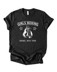 Black Heather Girls Boxing lightweight graphic tee with distressed white boxing gloves and Bronx New York lettering.