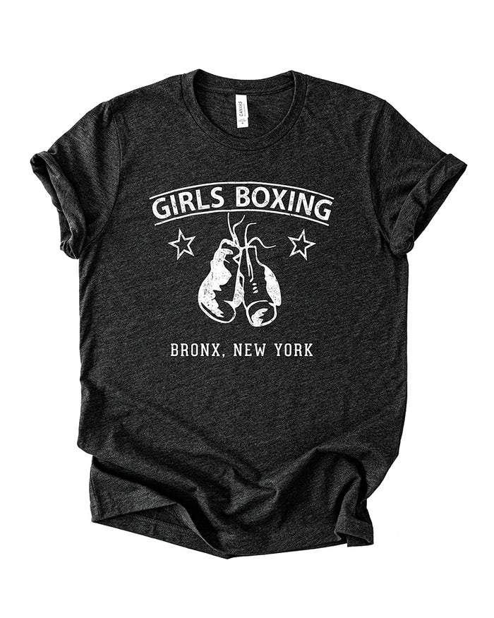 Black Heather Girls Boxing lightweight graphic tee with distressed white boxing gloves and Bronx New York lettering.