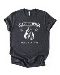 Dark Grey Heather Girls Boxing lightweight tee with retro boxing club design and Bronx New York lettering.
