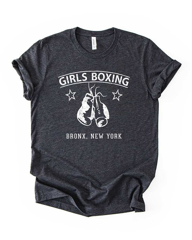 Dark Grey Heather Girls Boxing lightweight tee with retro boxing club design and Bronx New York lettering.
