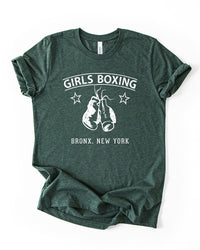 Heather Forest green lightweight Girls Boxing tee with vintage white boxing gloves graphic and Bronx New York text.