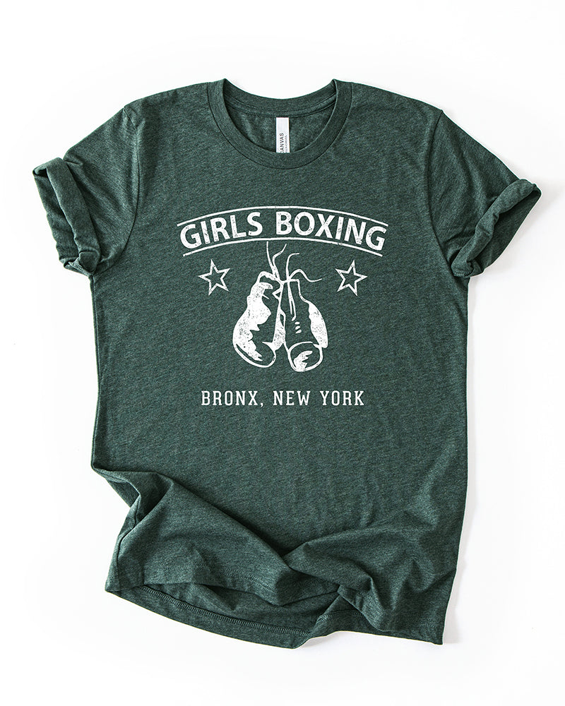 Heather Forest green lightweight Girls Boxing tee with vintage white boxing gloves graphic and Bronx New York text.
