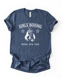 Heather Navy blue Girls Boxing graphic t-shirt featuring distressed white lettering, stars and hanging boxing gloves.