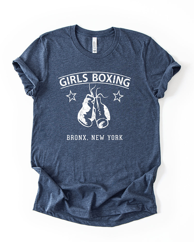 Heather Navy blue Girls Boxing graphic t-shirt featuring distressed white lettering, stars and hanging boxing gloves.