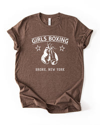 Heather Brown lightweight graphic t-shirt featuring distressed Girls Boxing lettering and white boxing gloves.