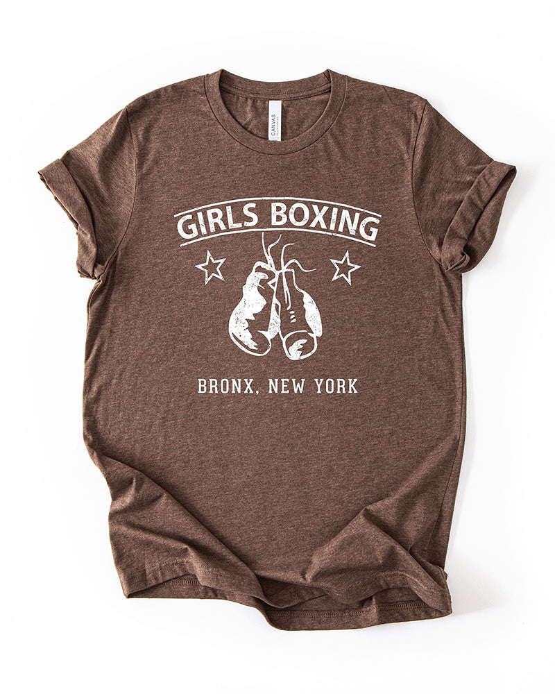 Heather Brown lightweight graphic t-shirt featuring distressed Girls Boxing lettering and white boxing gloves.