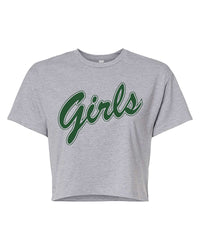 Heather grey women's Girls graphic crop top with forest green varsity-style script lettering and modest cropped hem.