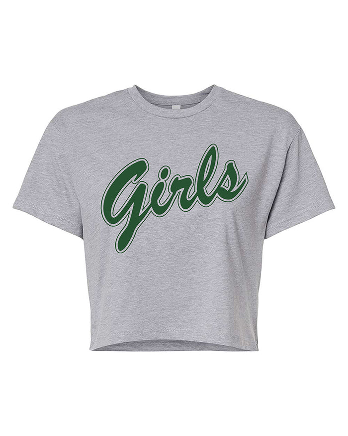 Heather grey women's Girls graphic crop top with forest green varsity-style script lettering and modest cropped hem.