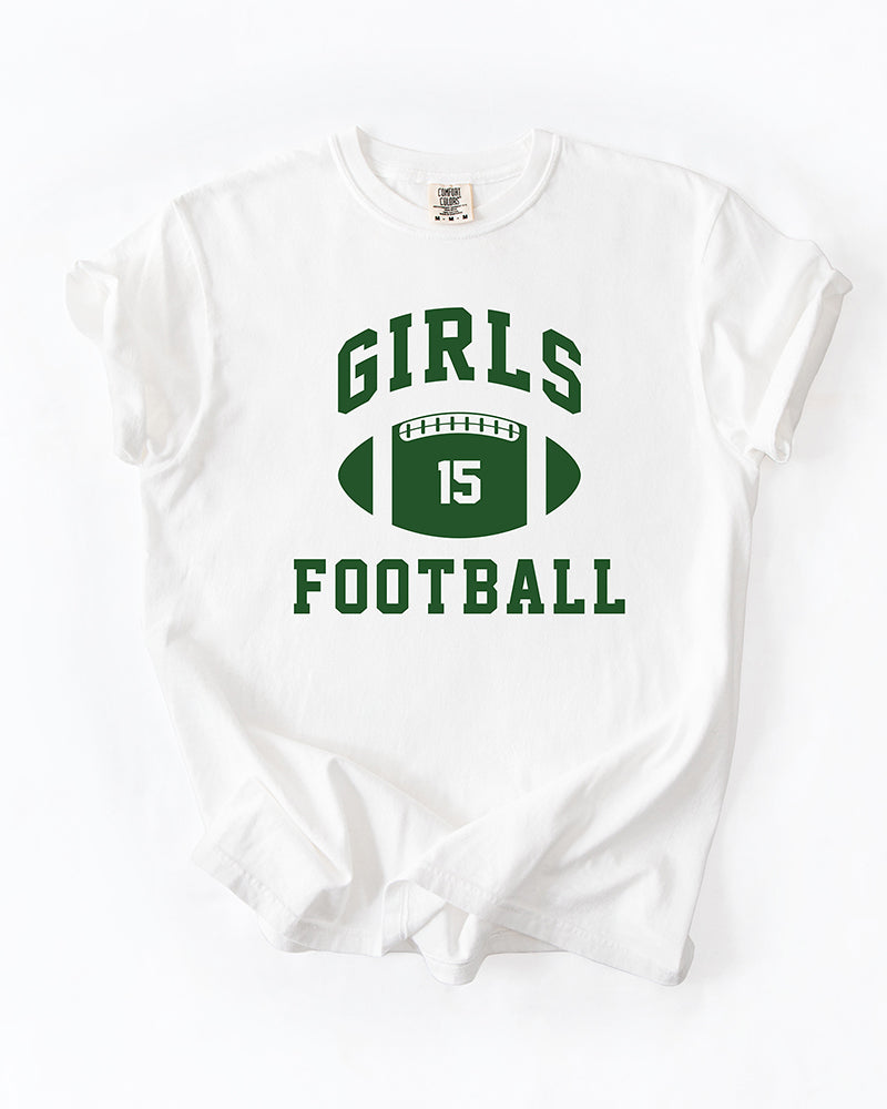 White Girls Football heavyweight cotton t-shirt featuring forest green varsity lettering and a football graphic with number 15.