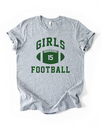 Athletic Heather Girls Football graphic t-shirt with green varsity lettering, football illustration, and number 15.