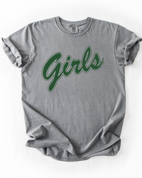Grey Comfort Colors heavyweight cotton graphic tee featuring oversized forest green Girls script lettering across the chest.
