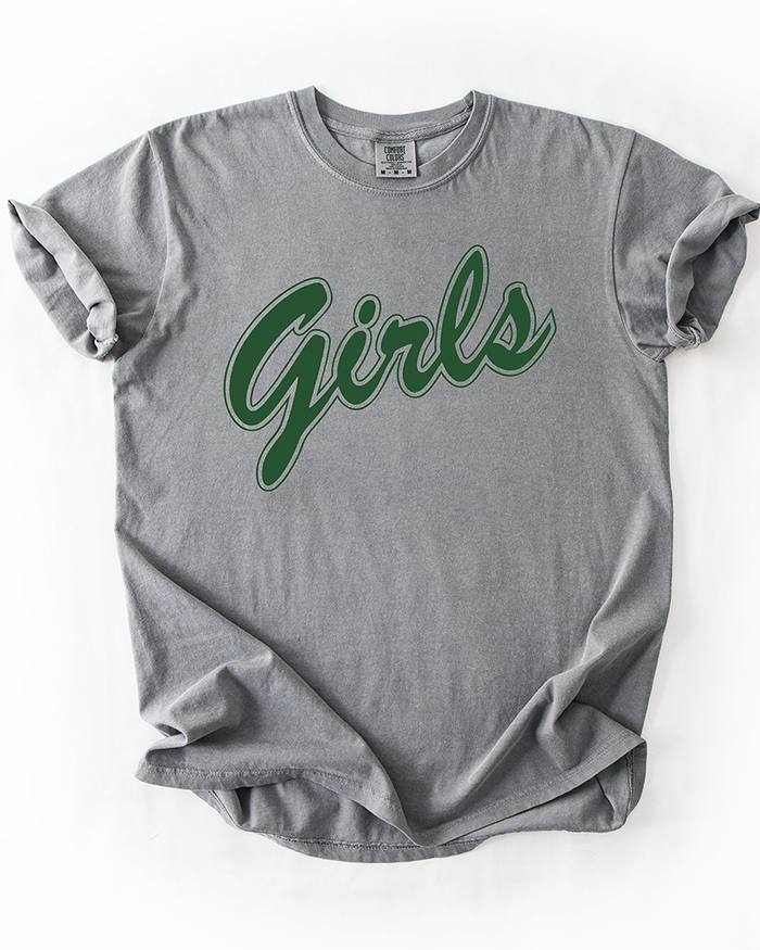 Grey Comfort Colors heavyweight cotton graphic tee featuring oversized forest green Girls script lettering across the chest.