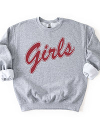 Sport grey Girls crewneck sweatshirt with oversized dusty rose-red script lettering inspired by Monica Geller's '90s style.