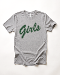 Athletic heather grey Bella+Canvas lightweight unisex tee featuring forest green varsity-style Girls lettering across the chest.