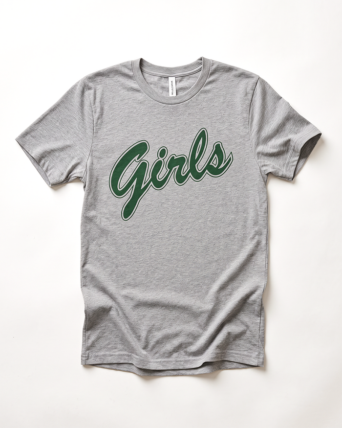 Athletic heather grey Bella+Canvas lightweight unisex tee featuring forest green varsity-style Girls lettering across the chest.