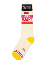Hot And Flashy mid-calf novelty gym sock in natural cream with retro pink and yellow accents