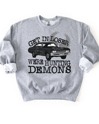 Ash Gray Hunting Demons crewneck sweatshirt with black Impala inspired graphic