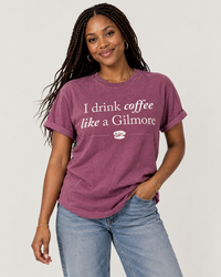 Woman wearing berry Gilmore Girls inspired coffee graphic tee