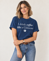 Woman wearing true navy Gilmore Girls inspired graphic tee