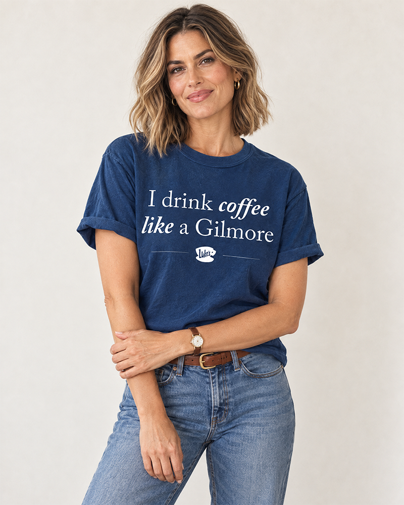 Woman wearing true navy Gilmore Girls inspired graphic tee
