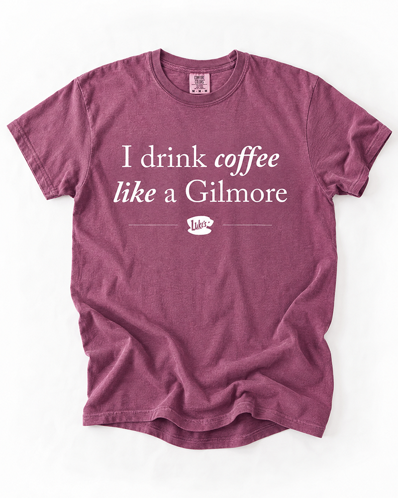 I Drink Coffee Like a Gilmore graphic tee in berry