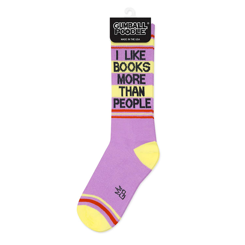 I Like Books More Than People lilac gym sock with charcoal lettering and pale yellow accents in retail packaging