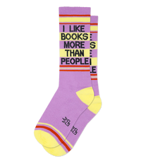 I Like Books More Than People mid-calf socks featuring soft purple cotton blend, yellow accents and charcoal text