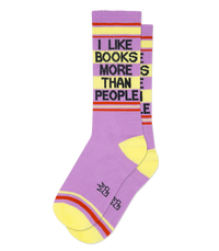 I Like Books More Than People mid-calf socks featuring soft purple cotton blend, yellow accents and charcoal text