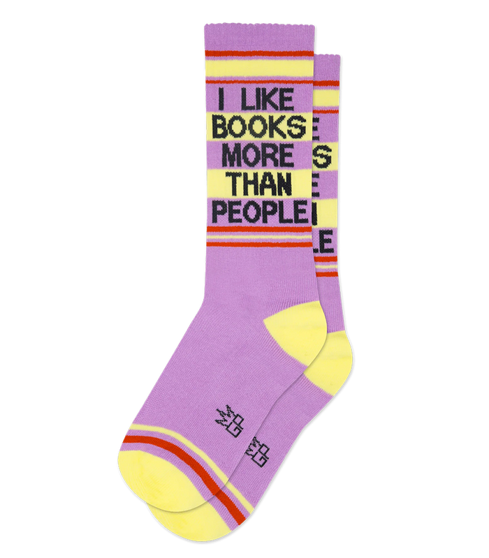 I Like Books More Than People mid-calf socks featuring soft purple cotton blend, yellow accents and charcoal text