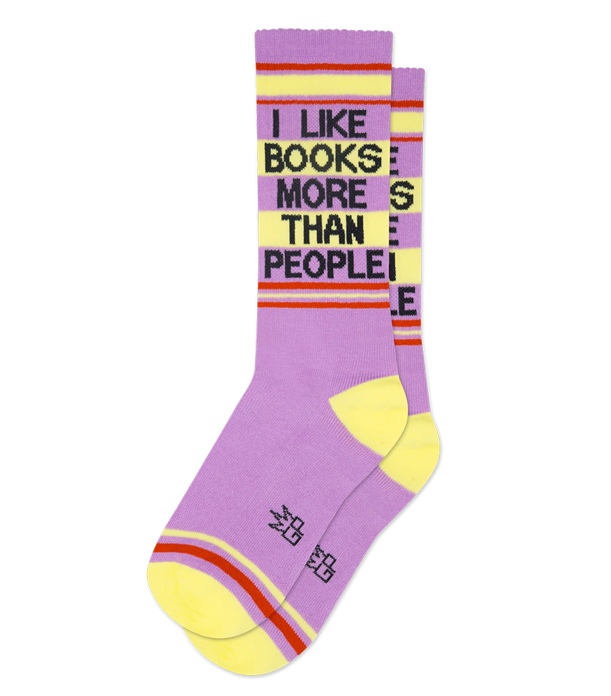 I Like Books More Than People mid-calf socks featuring soft purple cotton blend, yellow accents and charcoal text
