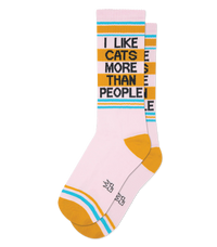 I Like Cats More Than People gym socks in blush pink with bold black lettering and yellow accents
