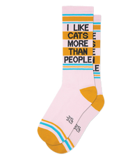 I Like Cats More Than People gym socks in blush pink with bold black lettering and yellow accents