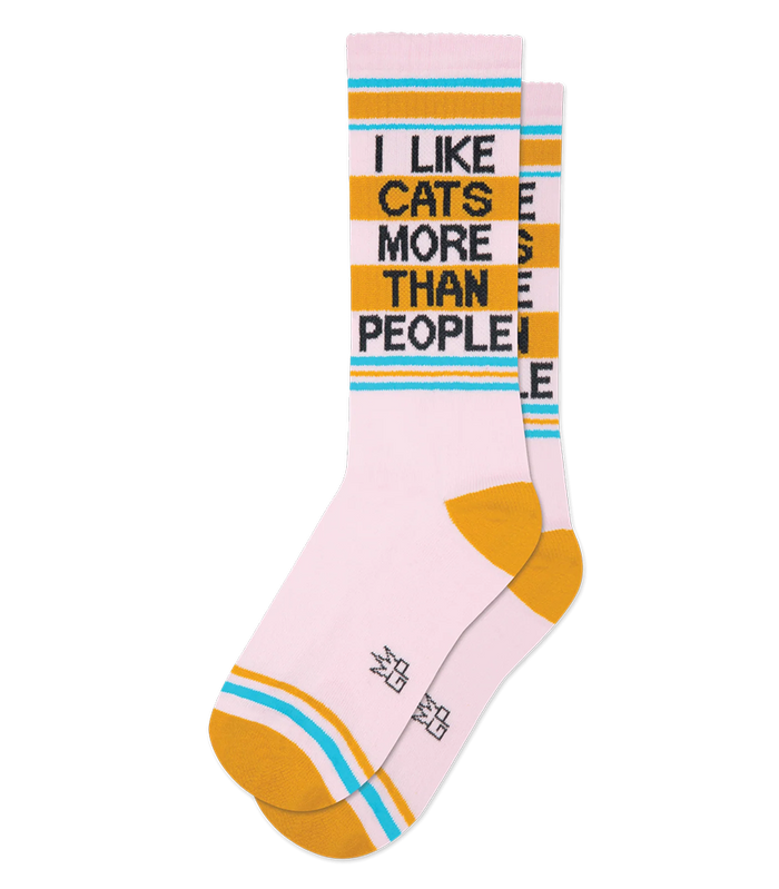 I Like Cats More Than People gym socks in blush pink with bold black lettering and yellow accents