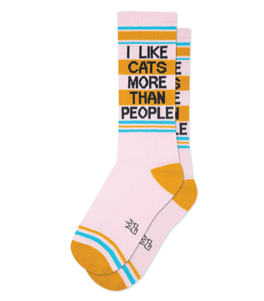 I Like Cats More Than People gym socks in blush pink with bold black lettering and yellow accents